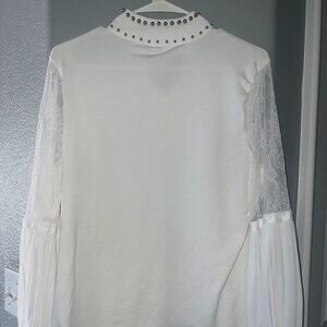 Beldi White Studded Mock Neck Blouse | Lace & Chiffon Bishop Sleeve Top | Size L